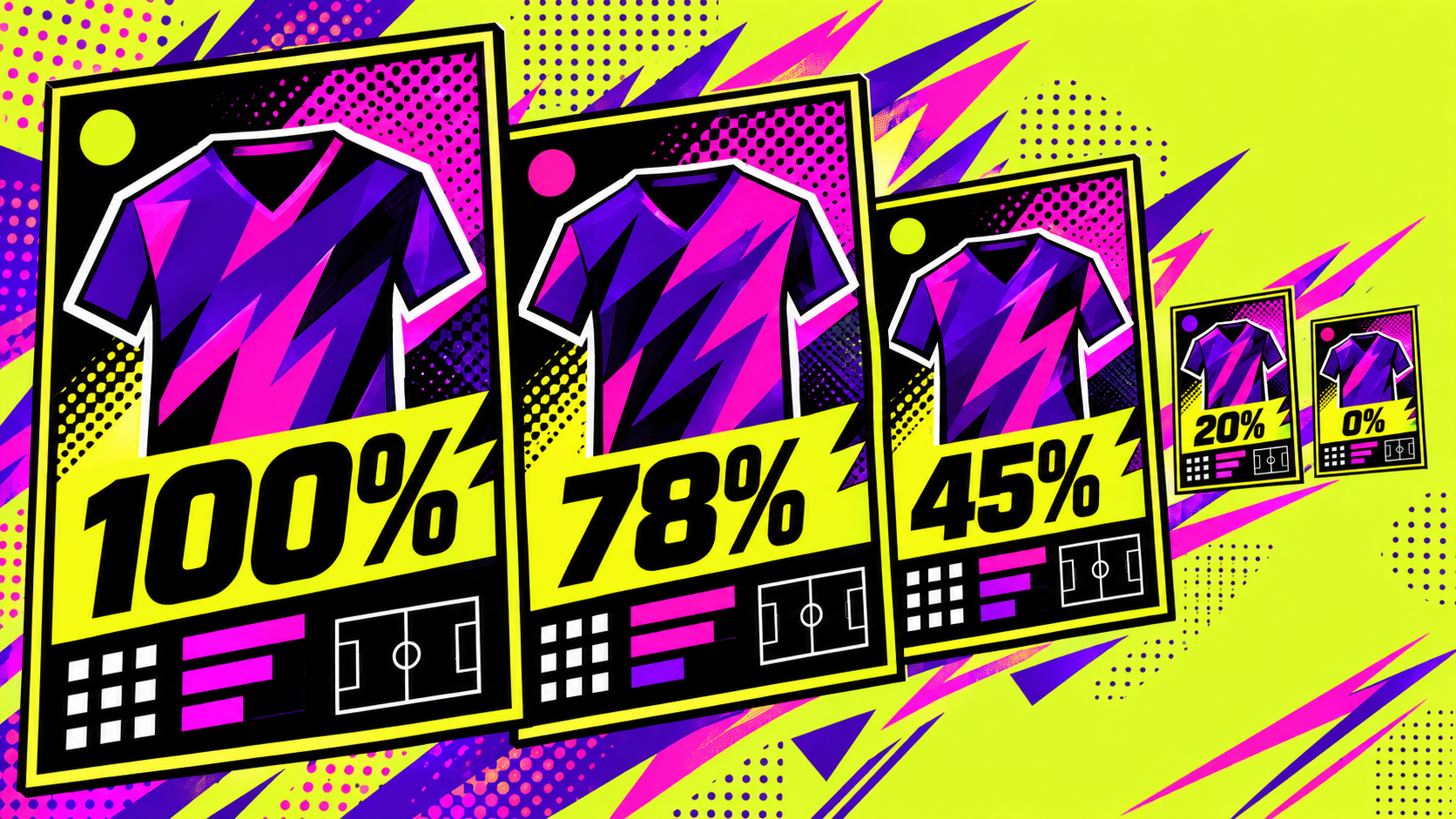 A flying ribbon of football player cards showing start probabilities from 100 to 0 percent